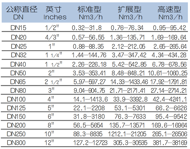 DN40熱式氣體質(zhì)量流量計(jì)流量范圍表