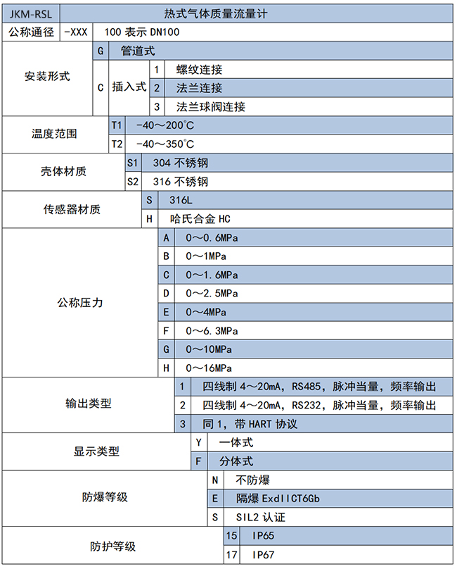 高壓熱式氣體質(zhì)量流量計選項表