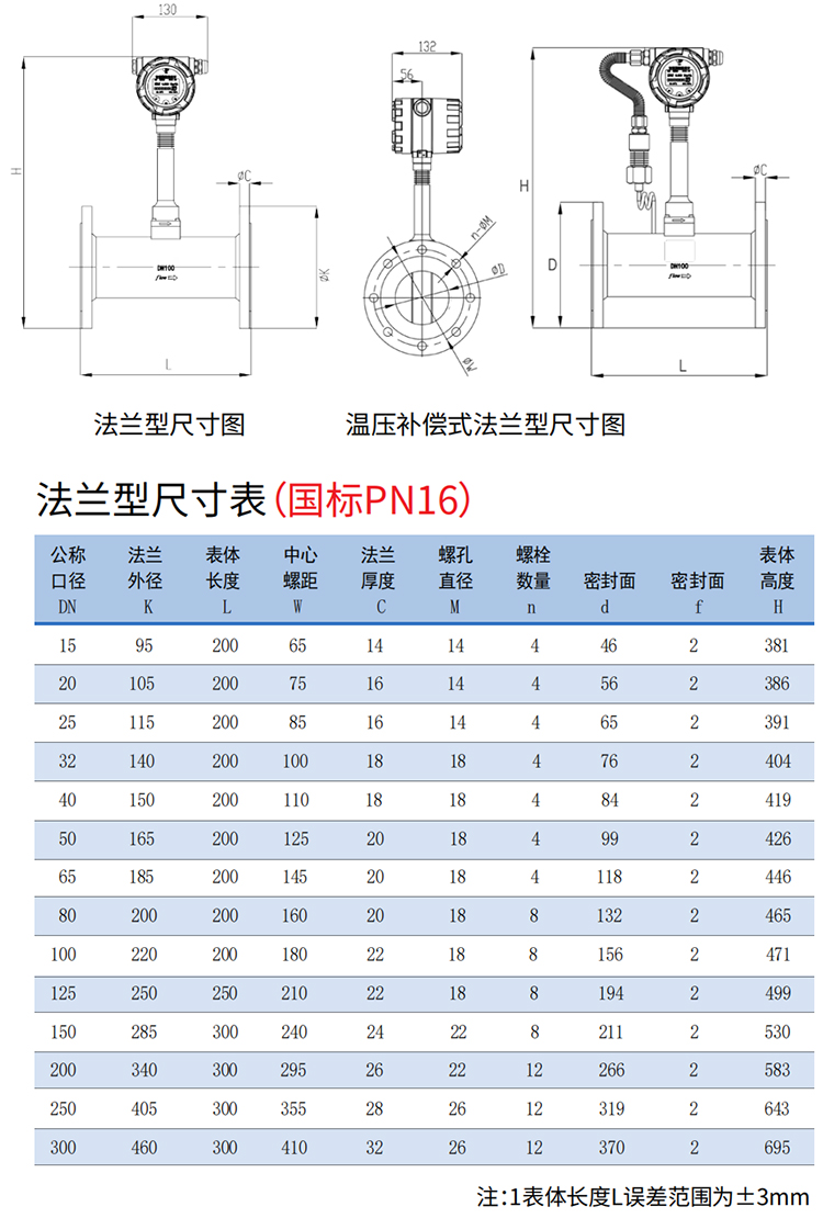 夾持式渦街流量計法蘭式尺寸圖